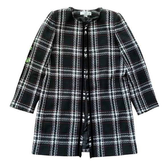 Tahari ASL Levine Plaid Check Fringe Velvet Trim Long Jacket Black White Size 10 - Picture 1 of 9
